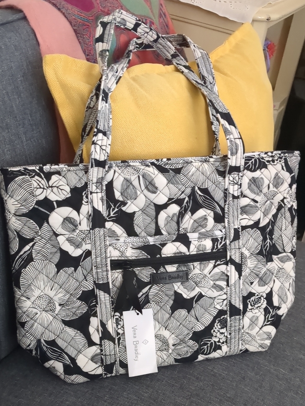 Vera Bradley Black & White Floral Quilted Tote Bag